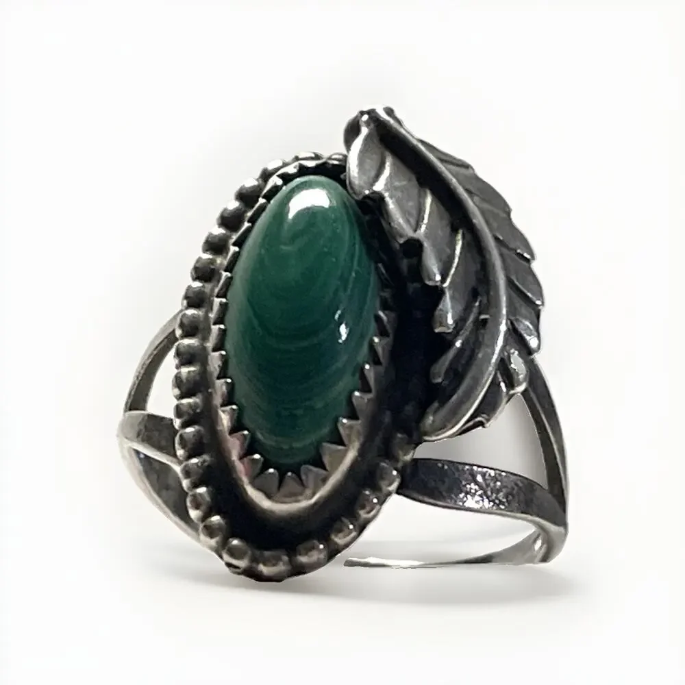 Vintage Signed Silver Malachite-Style Ring Size 5.25 Southwestern Leaf Design